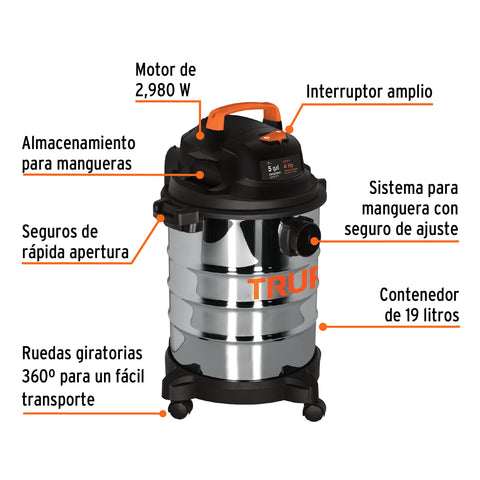 Aspiradora de sólidos y líquidos, 5 gal, acero inox, TRUPER | ASP-5X | 101523