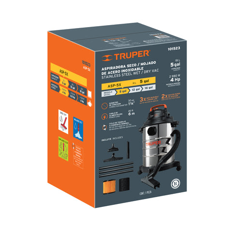 Aspiradora de sólidos y líquidos, 5 gal, acero inox, TRUPER | ASP-5X | 101523