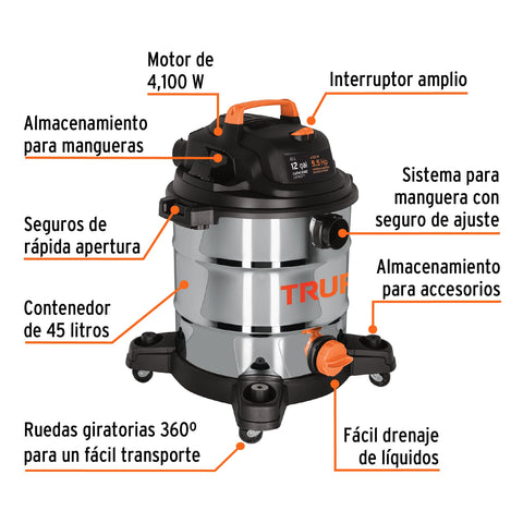 Aspiradora de sólidos y líquidos, 12 gal, acero inox, TRUPER | ASP-12X | 101524
