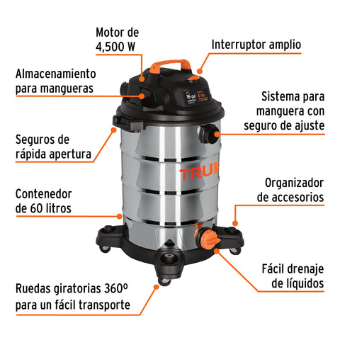 Aspiradora de sólidos y líquidos, 16 gal, acero inox, TRUPER | ASP-16X | 101525