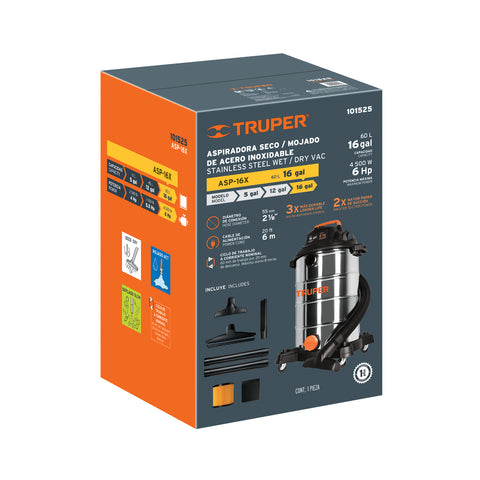 Aspiradora de sólidos y líquidos, 16 gal, acero inox, TRUPER | ASP-16X | 101525