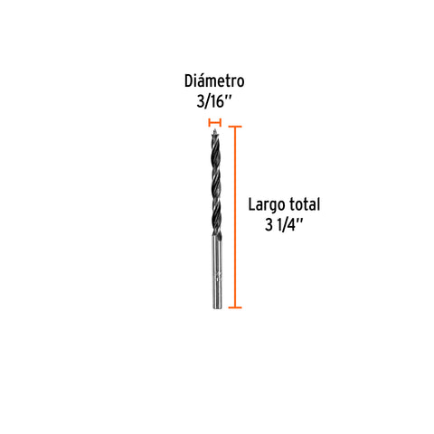 Broca con punta centradora para madera 3/16', TRUPER | BM-3/16 | 101629