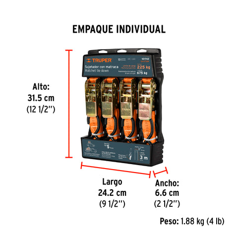 Juego de 4 sujetadores con matraca carga máxima 675 kg | SU-675R4 | 101742