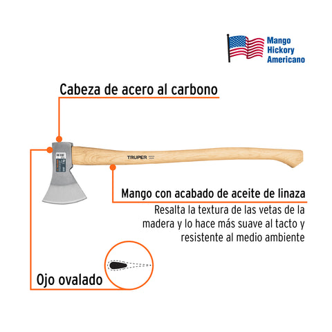 Hacha europea 1000 g, mango hickory 28', Truper | HE-1000 | 101768