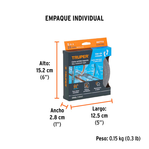 Rollo de 5 m cinta antiderrapante 25mm gris p/áreas húmedas | CIAH-15G | 101772