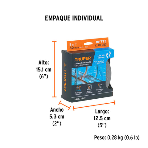 Rollo de 5 m cinta antiderrapante 50mm gris p/áreas húmedas | CIAH-25G | 101773