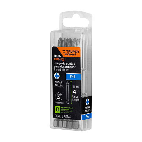 Estuche con 5 puntas de cruz PH2 largo 4', Truper Expert | PUDE-1402 | 101812