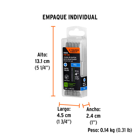 Estuche con 5 puntas de cruz PH3 largo 4', Truper Expert | PUDE-1403 | 101813