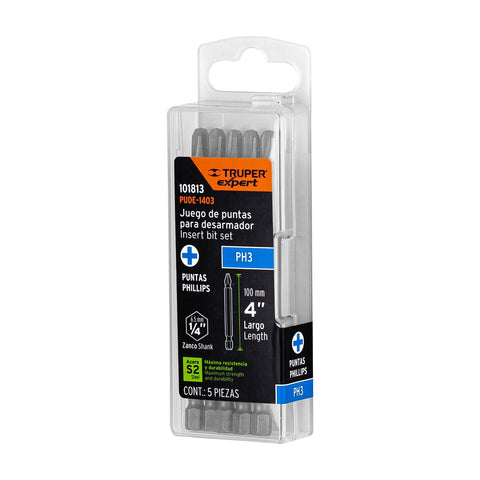 Estuche con 5 puntas de cruz PH3 largo 4', Truper Expert | PUDE-1403 | 101813
