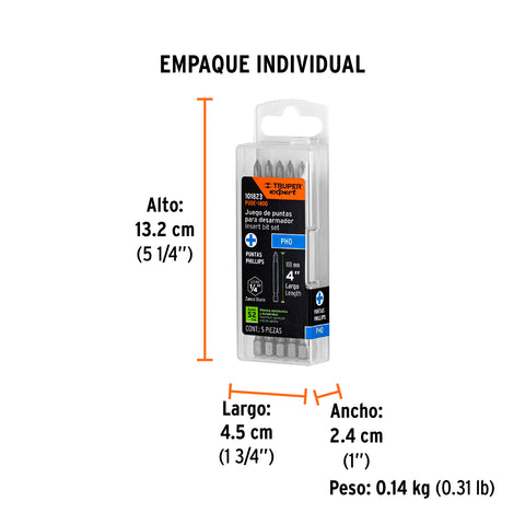 Estuche con 5 puntas de cruz PH0 largo 4', Truper Expert | PUDE-1400 | 101823