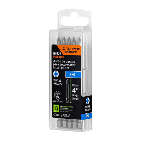 Estuche con 5 puntas de cruz PH0 largo 4', Truper Expert | PUDE-1400 | 101823