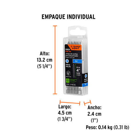 Estuche con 5 puntas de cruz PH1 largo 4', Truper Expert | PUDE-1401 | 101824
