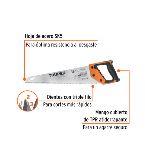 Serrucho Rapid 18', 7 DPP, mango Comfort grip, Truper | STR-18 | 101868