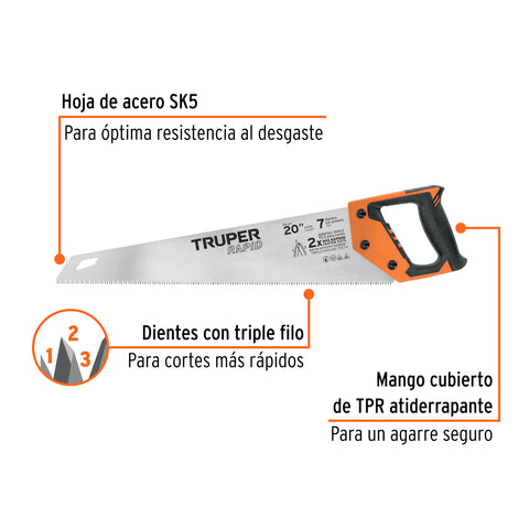 Serrucho Rapid 20', 7 DPP, mango Comfort grip, Truper | STR-20 | 101869