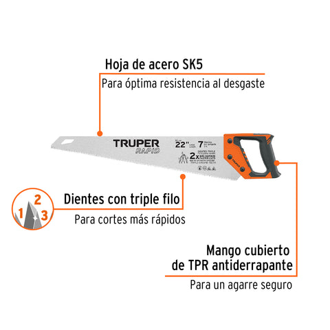 Serrucho Rapid 22', 7 DPP, mango Comfort grip, Truper | STR-22 | 101870