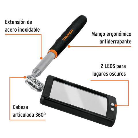Espejo telescópico con luz LED, 5 x 8 cm, Truper | ESP-TELR | 101962