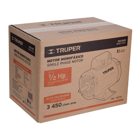 Motor eléctrico monofásico de 1/2 HP, alta velocidad, Truper | MOE-1/2A | 102309