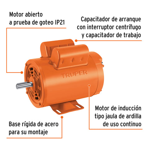Motor eléctrico monofásico de 2 HP, alta velocidad, Truper | MOE-2A | 102313