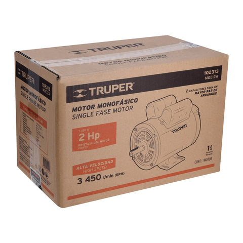 Motor eléctrico monofásico de 2 HP, alta velocidad, Truper | MOE-2A | 102313