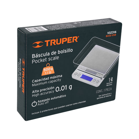 Báscula electrónica de precisión, de bolsillo, 500 g, Truper | BASE-05B | 102316