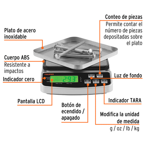 Báscula electrónica de precisión, recargable, 3 kg, Truper | BASE-3 | 102317
