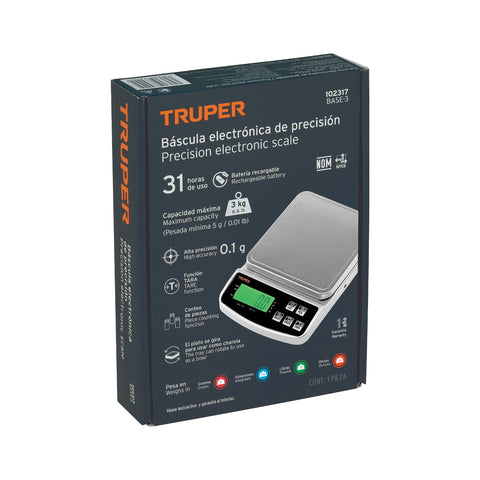 Báscula electrónica de precisión, recargable, 3 kg, Truper | BASE-3 | 102317