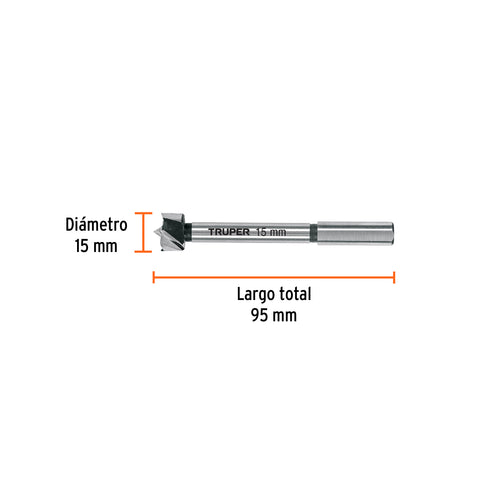 Broca forstner 15 mm para madera, TRUPER | BFM-15 | 102318
