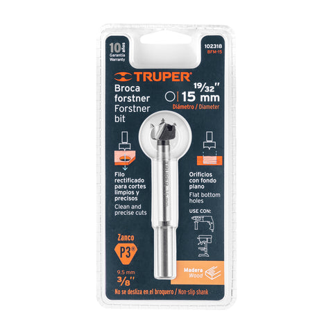 Broca forstner 15 mm para madera, TRUPER | BFM-15 | 102318
