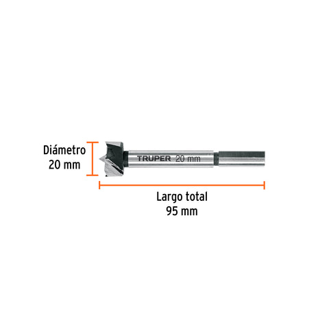 Broca forstner 20 mm para madera, TRUPER | BFM-20 | 102319