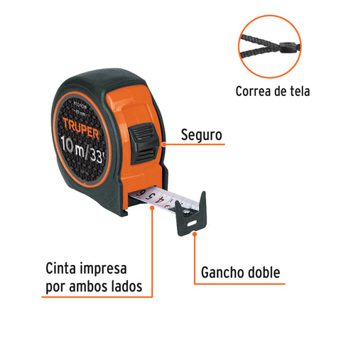 Flexómetro compacto contra impactos 10 m cinta 25 mm, TRUPER | FCG-10M | 102332