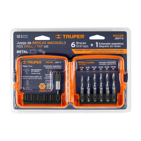 Juego de 6 brocas HSS con machuelo para metal, Truper | JBMT-6 | 102335