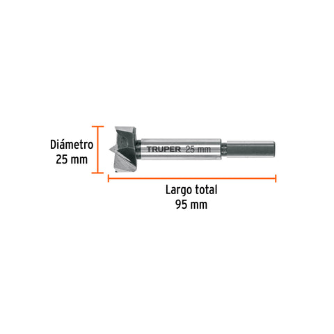 Broca forstner 25 mm para madera, TRUPER | BFM-25 | 102370