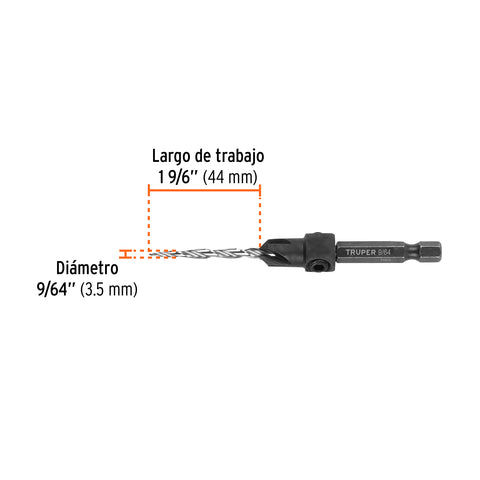 Broca avellanadora #6 para madera, 9/64', TRUPER | BAM-6 | 102375