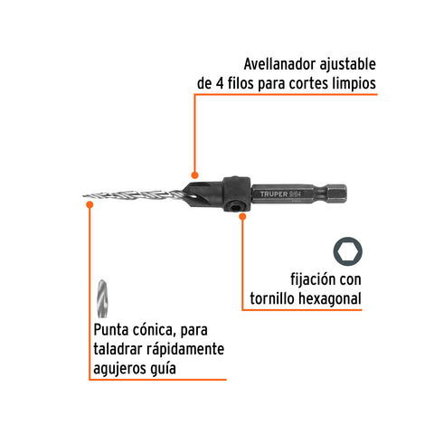 Broca avellanadora #6 para madera, 9/64', TRUPER | BAM-6 | 102375