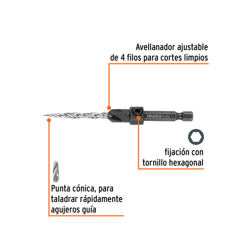 Broca avellanadora #8 para madera, 11/64', TRUPER | BAM-8 | 102376