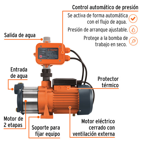 Bomba presurizadora multietapas 1/2 HP con control, Truper | PREM-1/2 | 102384