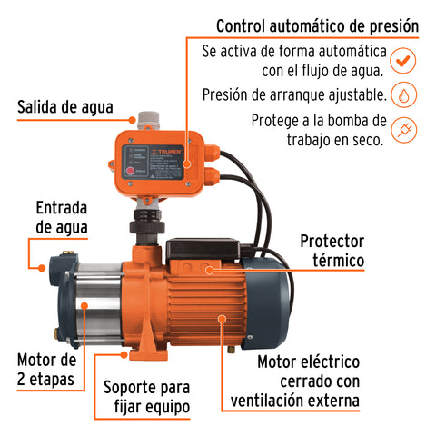 Bomba presurizadora multietapas 3/4 HP con control, Truper | PREM-3/4 | 102385
