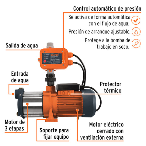 Bomba presurizadora multietapas 1 HP con control, Truper | PREM-1 | 102386