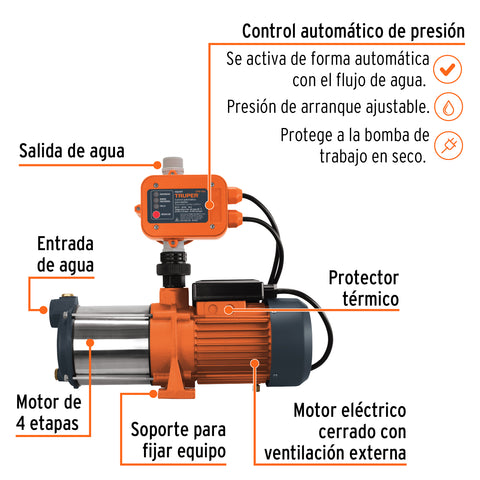 Bomba presurizadora multietapas 1 1/3 HP con control, Truper | PREM-1 1/3 | 102387