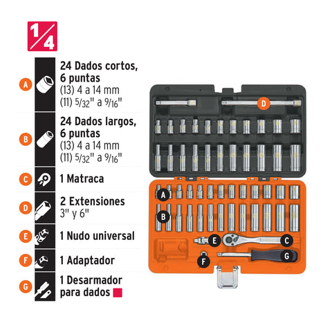 Juego de 54 herramientas cuadro 1/4' std y mm para mecánico | JD-1/4X54MP | 102388