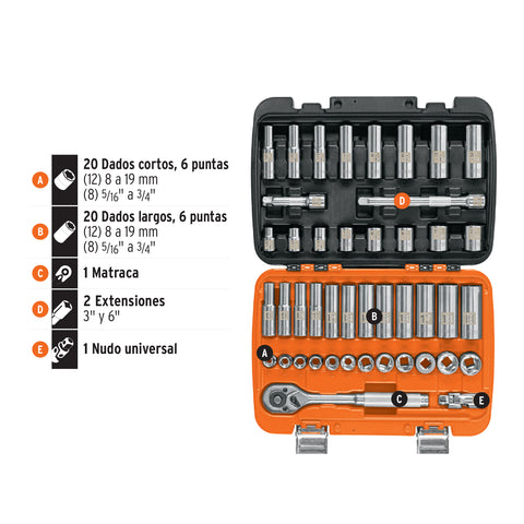 Juego de 45 herramientas cuadro 3/8' std y mm para mecánico | JD-3/8X45MP | 102410