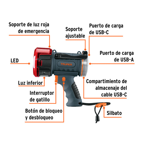 Linterna reflectora LED 2000 lm, recargable, TRUPER | LARE-2000 | 102418