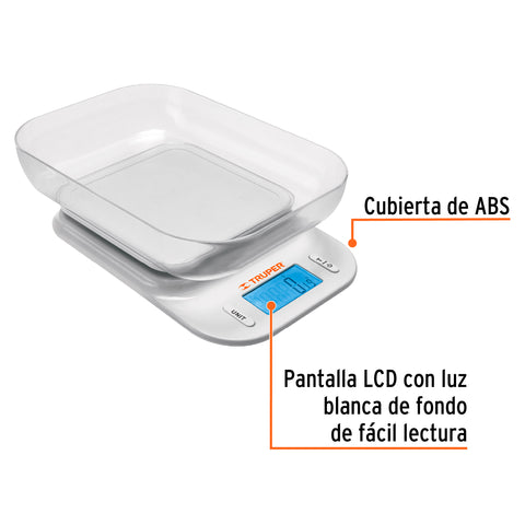 Báscula digital para cocina, con tazón, 5 kg, Truper | BASE-5T | 102421