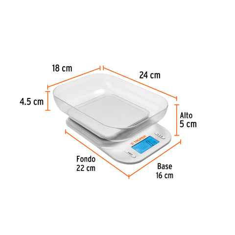Báscula digital para cocina, con tazón, 5 kg, Truper | BASE-5T | 102421