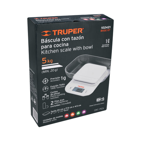 Báscula digital para cocina, con tazón, 5 kg, Truper | BASE-5T | 102421