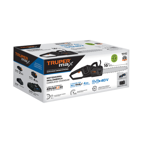 Motosierra inalámbrica 40V, sin carbones, TRUPER MAX | MAX-40M | 102491