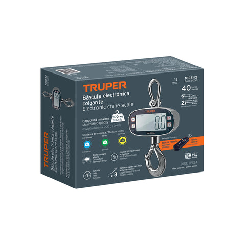 Báscula electrónica colgante, recargable, 500 kg, Truper | BASE-500C | 102543