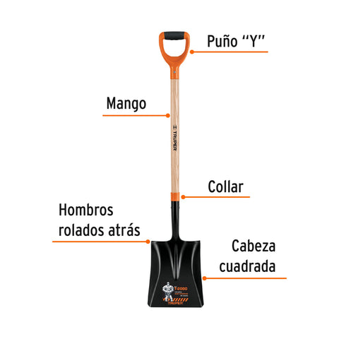 Pala cuadrada T-2000, puño offset 'Y', mango 36', Truper | PCY-PL | 102563