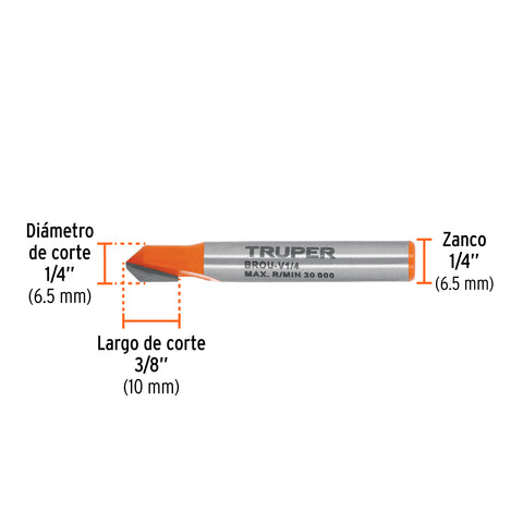 Broca para router, corte en 'V', 1/4', Truper | BROU-V1/4 | 102718