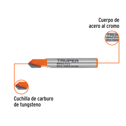 Broca para router, corte en 'V', 1/4', Truper | BROU-V1/4 | 102718